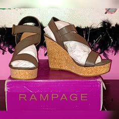 Rampage Helman Buckle Open-Toe Platform Cork Wedge Sandal Shoes New In Box... (These Are Sz 11, Picture Was 9 That Sold Already, Thank You) Note: Rampage Has Them Listed As Black In Color, But To Me They Look A Dark Brownish Color. Pair These Rampage Women's Helman Cork Wedge Sandals With Your Favorite Outfit For The Perfect Summer Look! Soft, Man-Made Upper Open Toed Cork Wedge Extra Memory Foam For Added Comfort Adjustable Buckle Strappy Upper 4.5 In. Heel, 1.25 In. Platform Spot Clean Importe Brown High Heel Wedge Sandals, Brown Platform Wedge Sandals In Synthetic Material, Brown Platform Wedge Sandals In Synthetic, Brown Synthetic Platform Wedge Sandals, Brown Platform Wedge Heels, Brown Platform Heels With Wedge Heel, Brown Synthetic Wedge Heels, Brown High Heel Wedge Sandals In Synthetic Material, Brown High Heel Wedge Sandals In Synthetic