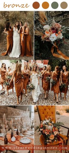 the bridesmaids are dressed in brown and orange