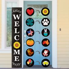 a welcome sign on the front door of a house with stickers attached to it