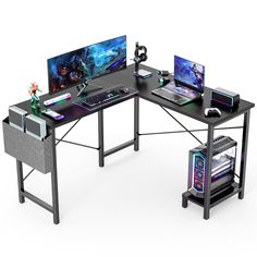 a computer desk with two monitors and a keyboard on it, sitting next to each other