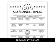 the printable mix and mingle bingo game is shown in black and white with stars