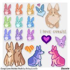 some cute little dogs with hearts and i love corgis stickers on them