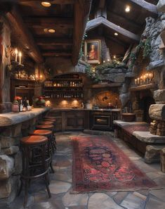 a kitchen with stone walls and flooring has an area rug on the floor that looks like it could be used as a bar