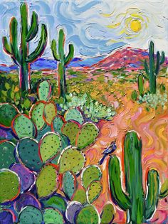 a painting of cactus plants in the desert