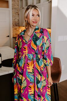 - Style is on the horizon with this tropical dress! - Unlined material with a colorful abstract botanical print and a satin finish - A collared v-cut neckline - Loose ¾ length sleeves with elastic cuffs - A relaxed silhouette that ends in a midi length hemline Abstract Botanical, Tropical Dress, On The Horizon, Botanical Print, V Cuts, Colorful Abstract, The Horizon, Botanical Prints, Satin Finish