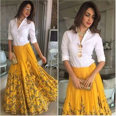 Shirt & Skirt Haldi Dress, Haldi Outfits, Long Skirt Outfits, Rock Outfit, Bride Shirt