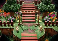 a fake garden with wooden steps and flowers