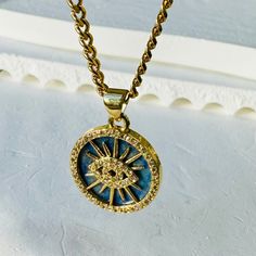 Blue Medallion Evil Eye Necklace Dark Blue Crystals, Protection Against Evil, Evil Eye Symbol, Evil Eye Necklace Gold, Eye Symbol, Eye Pendant, Evil Eye Pendant, Evil Eye Necklace, Eye Necklace