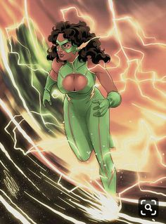 a woman dressed in green running through the air with lightning behind her and an orange background