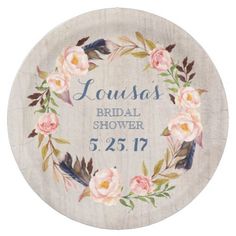 the personalized bridal shower sign is painted on a white background with pink flowers and leaves