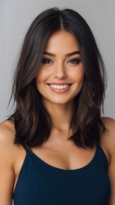 Medium Length Haircut For Thick Hair No Layers, Thick Dark Hair Styles, Medium Brown Hair Dimension, Straight Haircuts For Oval Face, Medium Length Haircut Face Framing Bangs, Straight Layered Haircuts Medium, Long Bob Brunette Hair, Midlength Hairstyles Side Part, Medium Haircuts For Women Side Part