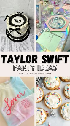 several different images with the words taylor swift party ideas on them and other items for sale