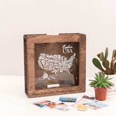 a wooden frame with the united states on it next to a potted cacti