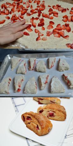 there are several different types of pastries on the table and one has strawberry shortbreads