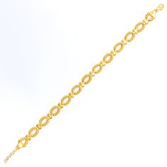 This 22k gold bracelet, weighing 14.8 grams, features a charming and dressy design that exudes elegance and sophistication. The yellow gold finish enhances its luxurious and radiant appearance. Measuring 8.5 inches in length with an additional 0.75 inches of adjustable links, this bracelet is secured with a lobster lock for added safety and convenience. Ideal for those who appreciate refined beauty and exquisite craftsmanship, this stunning bracelet is a standout addition to any jewelry collecti 22k Gold Bracelet, Bridal Jewelry Necklace, Precious Stones Rings, Diamond Pendant Sets, Modern Bracelets, Fancy Necklace, Fancy Rings, Mens Gold Rings, Diamond Necklace Set