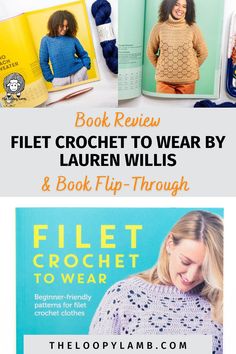 the crochet book is open and showing two pictures of women's sweaters