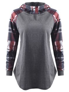 Checked Panel Long Sleeve Hooded Top - Dark Gray - 4E08058816 - Women's Clothing, Women's Tops & T-Shirts  #WomensTopsTShirts #Women's #Clothing # #Women's #Tops #& #TShirts Raglan Sleeve Top, Plaid Sleeve, Cuffed Top, Cheap Womens Clothing, Budget Fashion, Sammy Dress, Hooded Shirt, Hooded Tops, Plaid Tops