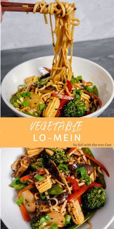 two pictures with noodles and vegetables in them