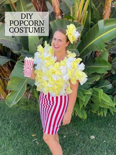 a woman in red and white striped shorts with popcorn costume