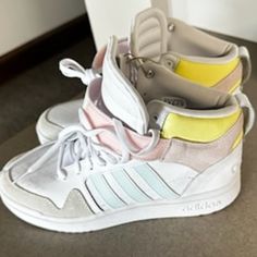 White With Pink, Yellow And Green Pastels... Match Tons Of Outfits Adidas Yellow Sneakers For Spring, Yellow Mid-top Sneakers For Spring, Adidas Nizza Platform, Adidas Sleek, Adidas Continental 80, Adidas Casual, Adidas Tubular Shadow, Adidas Supernova, White Shoes Sneakers