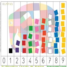 an elephant is shown in the middle of a colorful pattern with squares and numbers on it