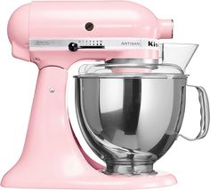 a pink kitchen mixer on a white background with the words artisan written on it