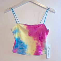 Brand New Pink,Yellow, & Blue Tye Dye Cami Crop Top Size Medium Crop Tops Colorful, Trendy Multicolor Tops With Rainbow Print, Blue Top With Rainbow Print For Spring, Blue Tops With Rainbow Print For Spring, Fitted Multicolor Crop Top Tank, Fitted Rainbow Casual Top, Fitted Casual Rainbow Tops, Trendy Multicolor Summer Tops, Rainbow Sleeveless Fitted Top