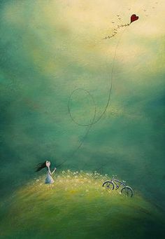 a painting of a girl flying a kite on top of a grass covered hill next to a bicycle