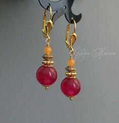 Red Gemstone Gold Plated Earrings, Spiritual Red Jade Jewelry, Elegant Orange Gemstone Earrings, Red Gemstone Earrings In 14k Gold, Bright Pink Stone Earrings, Round Dangle Earrings, Stone Gold, Jade Stone, Pink And Orange