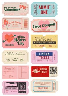 many different types of tickets are shown on a white background with the words admit one, love coupon and cinema ticket