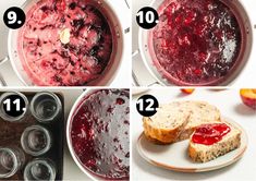 four pictures showing the steps to making jelly cake in an oven and then baking it