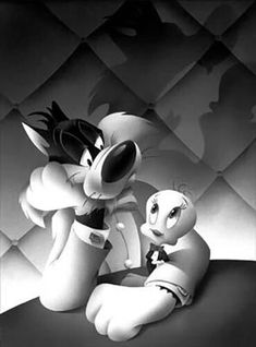 two cartoon characters sitting next to each other in front of a black and white background