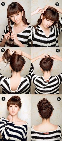 鈥?Taking hair from one side of your hair, braid tight 鈥?Bring this to the other side of the head 鈥?Secure both sides with a bobby pin so that it stays in place 鈥?Take all the loose hair and pull it up, twisting it from the base as you go up 鈥?Tie it into a messy bun at the top of your head Easy Updo, Hair Bun Tutorial, Daily Hairstyles, Super Hair, Quick Hairstyles, Loose Hairstyles, Pretty Hair