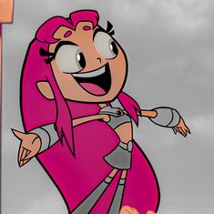 a cartoon girl with pink hair and an evil look on her face