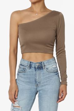 Azariah One Shoulder Long Sleeve Crop T-Shirt KHAKI_1 One Shoulder Shirt, Slim Fit Crop Top, Jeans Skirt, Winter Shirts, Crop T Shirt, Casual Stylish, Shoulder Shirts, Long Sleeve Crop, Shoulder Design