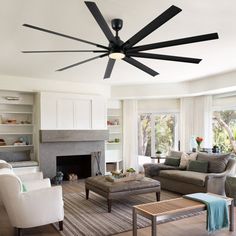 a living room filled with furniture and a fire place in the middle of it's center