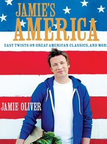 a man standing in front of an american flag and holding a bag of vegetables with the title, jamie's america easy twists on great american classicism and more