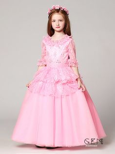 Flower Girl Dresses Long Sleeves Lace Pink Ball Gown Flower Girl Dress with Jacket Princess Dress With Lace Bodice Ball Gown, Princess Ball Gown With Lace Bodice, Pink Princess Dress For Debutante Ball, Princess Gown With Lace Bodice For Dress-up, Princess Gown With Lace Bodice, Princess Style Gown With Lace Bodice For Dress-up, Pink Pageant Dress For Debutante Ball During Prom Season, Pink Floor-length Princess Dress, Floor-length Pink Ball Gown