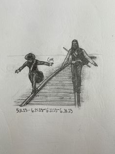 a drawing of two people walking down a ramp