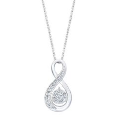 Add a touch of sparkle to any outfit with this stunning .30 CTW 14K white gold pendant.  This is the perfect necklace for showing off your sophisticated sense of style, or to gift to a loved one for a birthday, anniversary, holiday, or other special occasion. Crafted in shining 14K gold, this pendant is both classic and trend-forward, making it the perfect addition to your everyday outfits.  The dazzling high-polished finish catches the light with every movement, ensuring a big impact from any angle.  Round diamonds make up the center of the pendant, surrounded by a white gold infinity symbol.   Fine craftsmanship lends extra wearability to this necklace in terms of both comfort and durability, ensuring that you will be wearing it for years to come.  The construction ensures that the penda Elegant Infinity Necklace In Diamond White, Diamond White Infinity Necklace, Fine Jewelry, Diamond White Infinity Necklace Fine Jewelry, Diamond White Infinity Necklace In Fine Jewelry, Infinity-shaped Brilliant Cut White Gold Jewelry, White Gold Infinity Jewelry With Brilliant Cut, White Gold Infinity Necklace For Formal Occasions, Formal White Gold Infinity Necklace, Diamond White Infinity Necklace With Diamond Accents