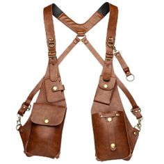 a brown leather suspender with metal buckles and two side pockets on the front