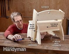 a man working on a wooden chair with parts labeled