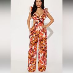 New With Tags Fashion Nova Fall Over Me Floral Autumn Leaves Jumpsuit / Rust Combo Ruffle Sleeve V Neck Fully Lined Cutout With Pockets Jumpsuit Fall, Fall Over, Fashion Nova Pants, Orange Yellow, Autumn Leaves, Fashion Nova, Pant Jumpsuit, Jumpsuit Romper, Rust