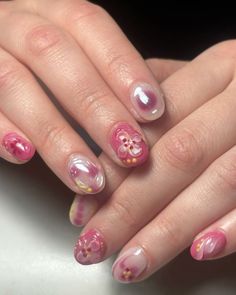 pink x purple orchid floral flower chrome design inspo mix and match biab gel nail manicure pretty girly nyc fashion hot summer vacation holiday aesthetic round nails Orchid Nails Short, Aesthetic Round Nails, Biab Nails Inspiration Summer 2024, Tropical Nails Short, Short Hard Gel Nails, Nail Inspo Round, Flower Nails Short, Vacation Nails Summer, Piano Nails