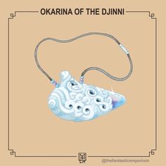 a white and blue necklace on a brown background with the words okanna of the djinn