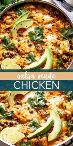 a chicken enchilada casserole with avocado and cilantro