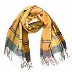 mustard yellow and gray plaid Amila scarf with fringe Knit Scarves For Cold Weather, Warm Scarves For Cold Weather In Fall, Warm Scarves For Fall Cold Weather, Warm Scarves For Fall And Cold Weather, Multicolor Scarves For Cold Weather In Fall, Warm Multicolor Scarves For Fall, Winter Plaid Scarves One Size, Plaid Winter Scarves One Size, Trendy Scarves For Cold Weather