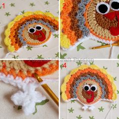 crocheted turkey hat with eyes and tail