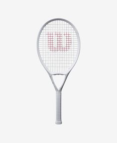 a white tennis racket with the word ell on it's back end