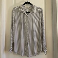 Liz Claiborne Grey And White Stripe Lightweight Button Down Shirt Large Never Worn Please Ask For More Pictures If Needed Long Sleeve Blouse With Striped Collar For Day Out, Button-up Tops With Striped Collar For Day Out, Day Out Blouse With Striped Collar, Striped Blouse With Button Cuffs For Daywear, Casual Button-up Blouse With Striped Collar, Day Out Button-up Shirt With Striped Collar, Button-up Blouse With Placket, Day Out Shirt With Striped Collar Button-up, Striped Blouse With Button Cuffs And Relaxed Fit